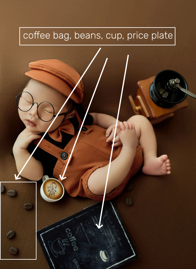 Coffee bag, beans, cup, price plate